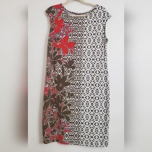 Chico's Red and Brown Floral Dress Size 1 Or Medium Autumn Sheath Comfy